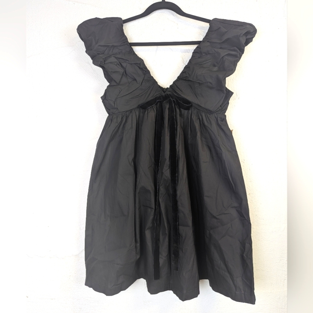 NWT OPT Babydoll Dress Womens Small Black Linen Velvet Bow Flirty Party Didi New
